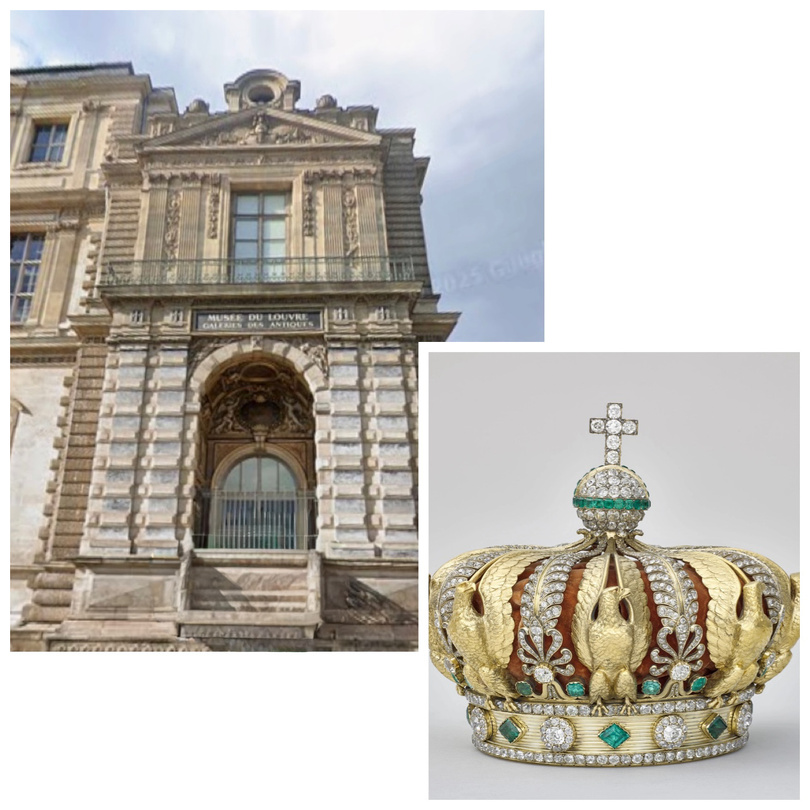 Les cambrioleurs sont parvenus à s'introduire dans le musée, côté quai François-Mitterrand, par la fenêtre d'un balcon situé au premier niveau, au moyen d'une nacelle. En médaillon (document musée du Louvre) : Un des objets, la couronne de l’impératrice Eugénie, a été retrouvé sur place, abandonné par les voleurs.