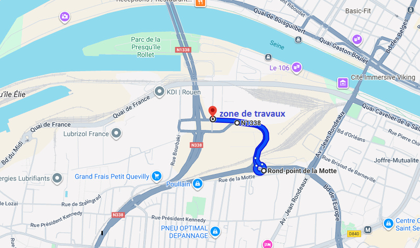 En bleu, la partie de la N1338 fermée à la circulation pendant deux nuits En bleu, la partie de la N1338 fermée à la circulation pendant deux nuits