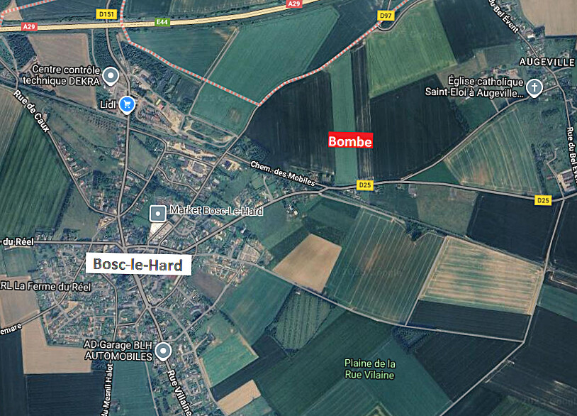 L'engin explosif a été découvert dans un champ en bordure de la D25 à la sortie de Bosc-le-Hard