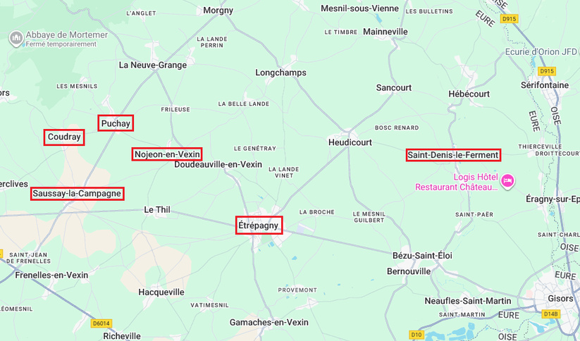 Les communes concernées sont encadrées en rouge. Manque celle de Notre-Dame de l'Isle, située plus au sud entre Gaillon et Vernon Les communes concernées sont encadrées en rouge. Manque celle de Notre-Dame de l'Isle, située plus au sud entre Gaillon et Vernon