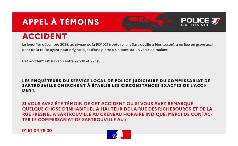 Yvelines. Jet de pierre sur un véhicule à Sartrouville : la police lance un appel à témoins Yvelines. Jet de pierre sur un véhicule à Sartrouville : la police lance un appel à témoins