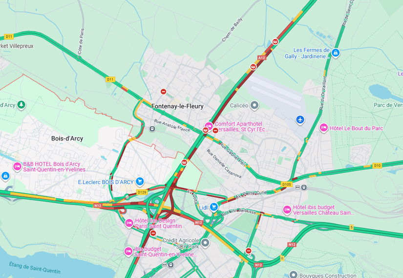 Le carambolage a des répercussions pas seulement sur l'A12 mais également sur les voies secondaires du secteur  - Google Maps
