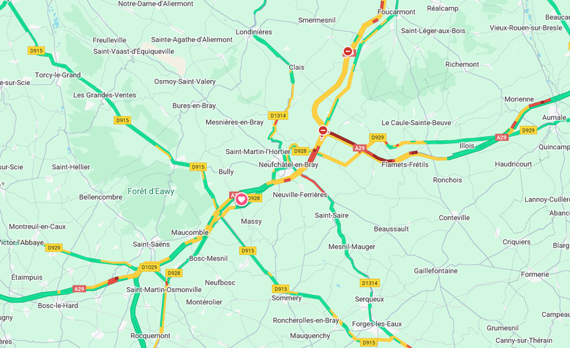 La circulation demeure toujours très difficile en milieu d'après-midi sur les autoroutes A28 et A29 dans la zone de Neufchâtel-en-Bray, en Seine-Maritime - Google Maps La circulation demeure toujours très difficile en milieu d'après-midi sur les autoroutes A28 et A29 dans la zone de Neufchâtel-en-Bray, en Seine-Maritime - Google Maps