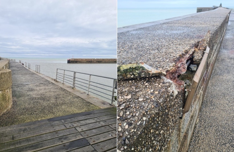 Après le passage de la tempête Goretti la semaine dernière, plusieurs désordres ont été relevés sur la jetée Ouest du port de Dieppe - Photos Ports de Normandie
