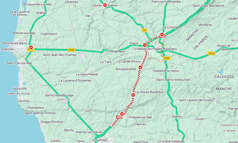 L'accident est survenu entre Villedieu-les-Poêles  et Avranches- Google Maps