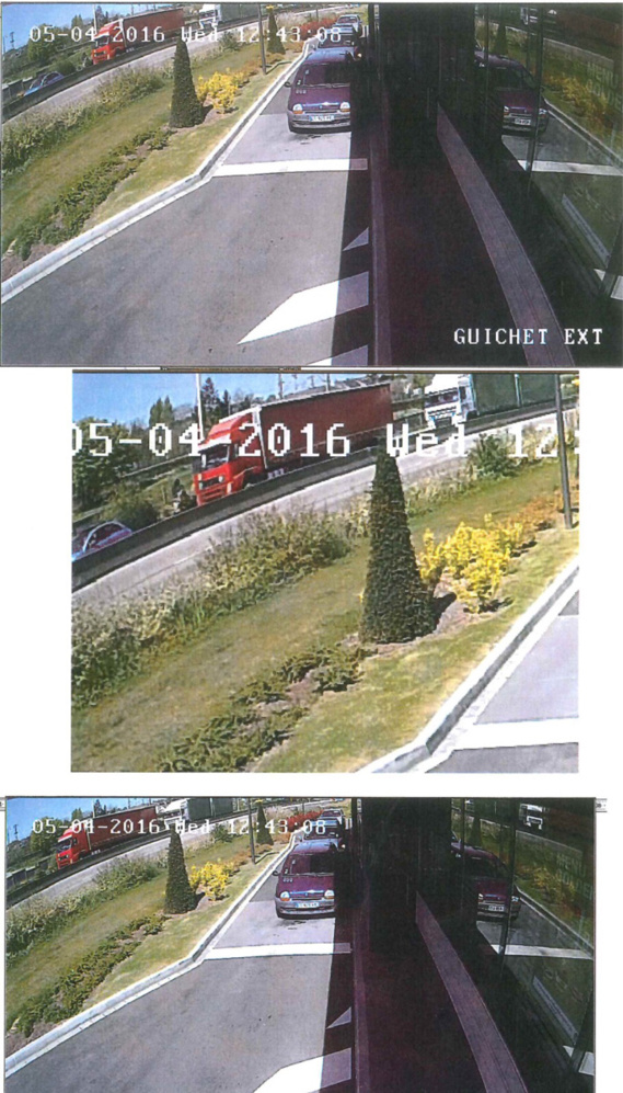 Sur ces photos de vidéosurveillance, transmises par la police, on voit le poids-lourd de couleur rouge qui est activement recherché Sur ces photos de vidéosurveillance, transmises par la police, on voit le poids-lourd de couleur rouge qui est activement recherché