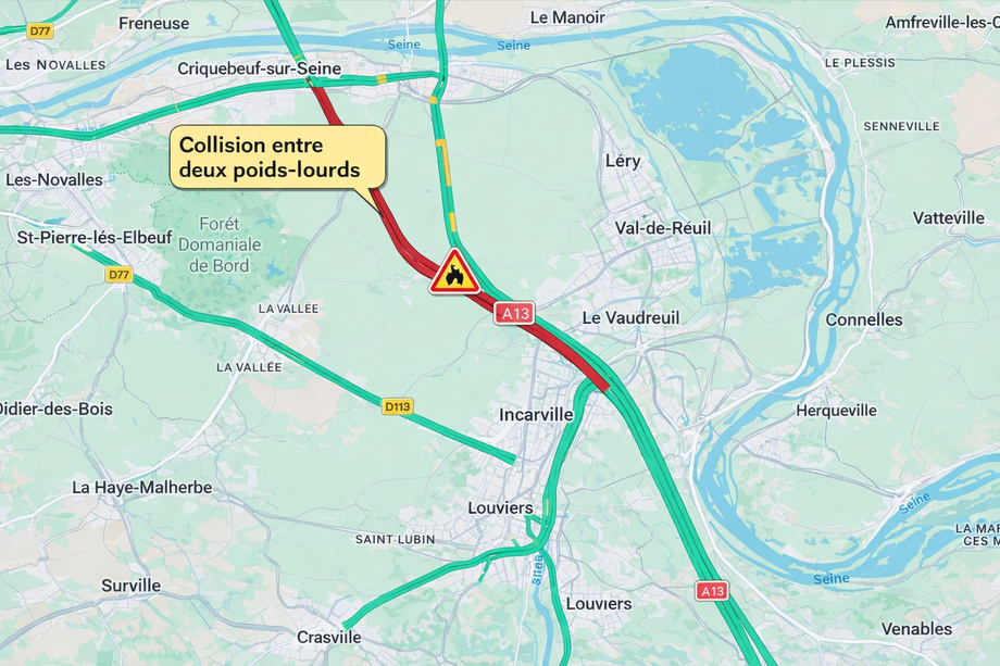 L'autoroute A13 coupée vers Caen après un accident entre deux camions à Criquebeuf-sur-Seine L'autoroute A13 coupée vers Caen après un accident entre deux camions à Criquebeuf-sur-Seine