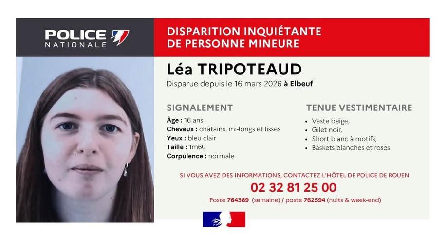 FLASH INFO - Disparition inquiétante près de Rouen : Léa, 16 ans, recherchée depuis le 16 mars FLASH INFO - Disparition inquiétante près de Rouen : Léa, 16 ans, recherchée depuis le 16 mars
