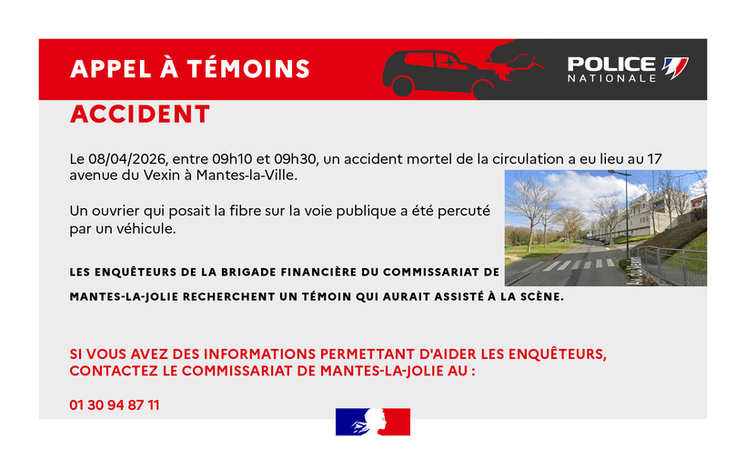 Mantes-la-Ville : appel à témoins après un accident mortel avenue du Vexin Mantes-la-Ville : appel à témoins après un accident mortel avenue du Vexin