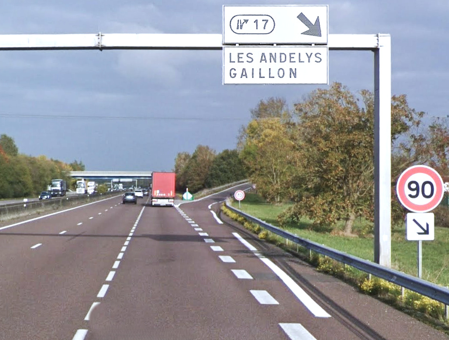 Tous les véhicules circulant en direction de Caen devront quitter l'autoroute à la sortie 17 (Gaillon - Les Andelys) et emprunter l'itinéaire conseillé par Bison Futé - Illustration © Google Maps