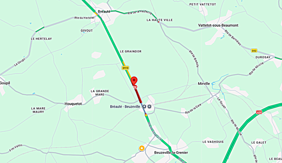 LMa collision s'est poroduite sur D 910, entre Beuzeville-la-Grenier et Bréauté -Capture d'écran © Google Maps