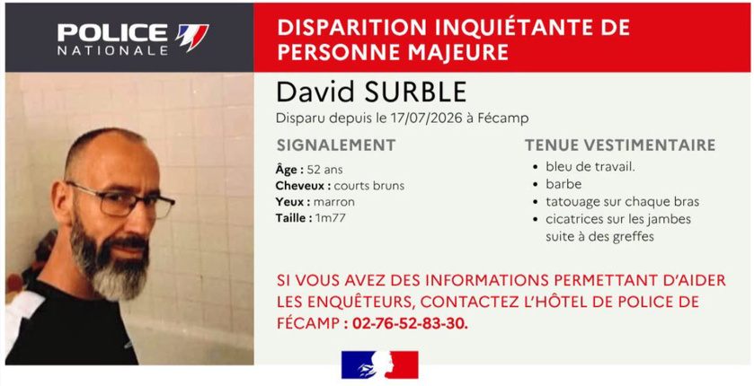 Seine-Maritime : appel à témoins après la disparition inquiétante d’un homme de 52 ans à Fécamp Seine-Maritime : appel à témoins après la disparition inquiétante d’un homme de 52 ans à Fécamp