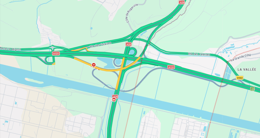 La bretelle permettant de rejoindre l'A29 depuis l'A131, à hauteur d'Oudalle, a été fermée  - Illustration © Google Maps