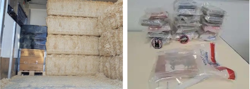 La palette de pains de cocaïne, enveloppée de film plastique noir était dissimulée au fond du poids-lourd derrière un chargement de paille - Photos Douane française