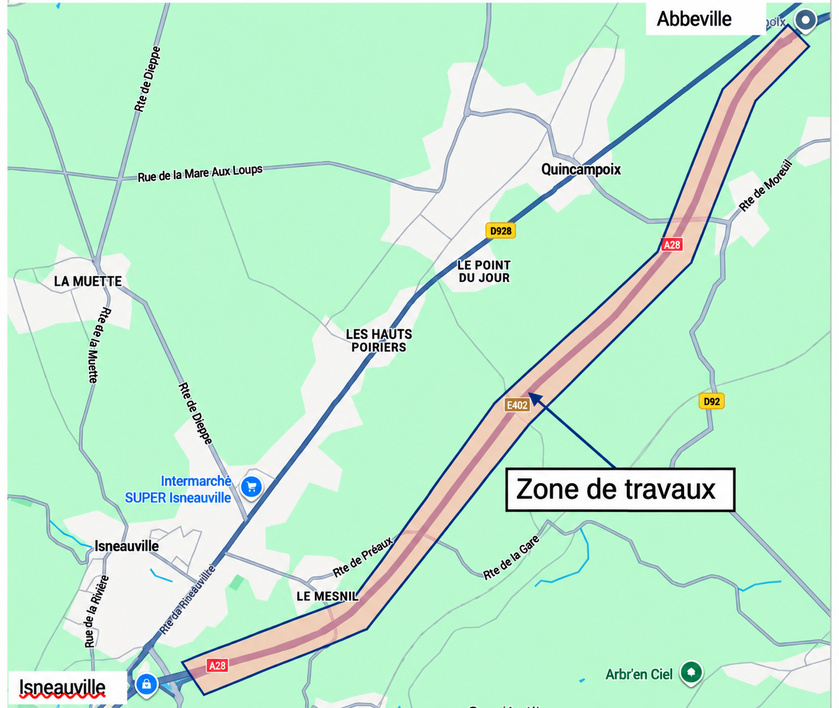 Pendant douze nuits, la circulation dans le sens Rouen–Abbeville sera basculée sur la chaussée opposée, sur une portion d’environ sept kilomètres.- Document Dirno