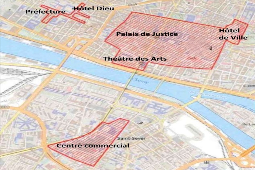 A Rouen, le périmètre d'interdiction defini dans l'arrêté du préfet  englobe notamment  l'hyper centre, la préfecture de région, l'Hôtel Dieu, le theâtre des Arts sur la rive droite et le centre Saint-Sever sur la rive gauche