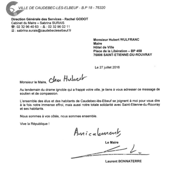 Attentat de Saint-Étienne du Rouvray : messages de soutien de Laurent Bonnaterre Attentat de Saint-Étienne du Rouvray : messages de soutien de Laurent Bonnaterre