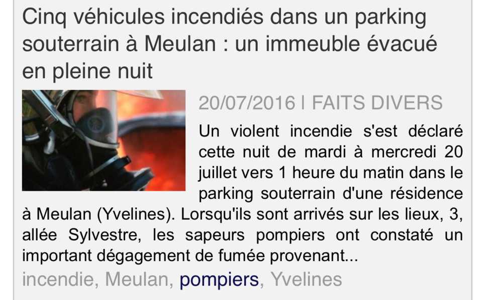 Yvelines : incendie dans un parking souterrain d'une résidence cette nuit à Meulan 