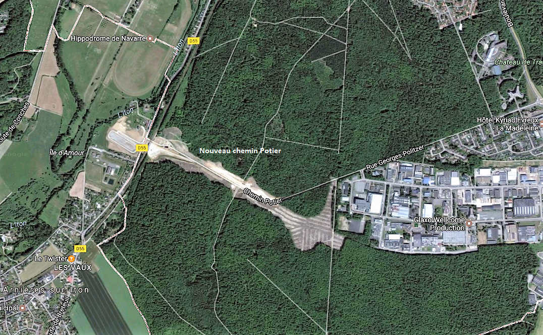 Le nouveau Potier relie le CD55 (route d'Arnières-sur-Iton et la zone industrielle de la Madeleine via la rue Georges Politzer (capture d'écran©Google Maps)