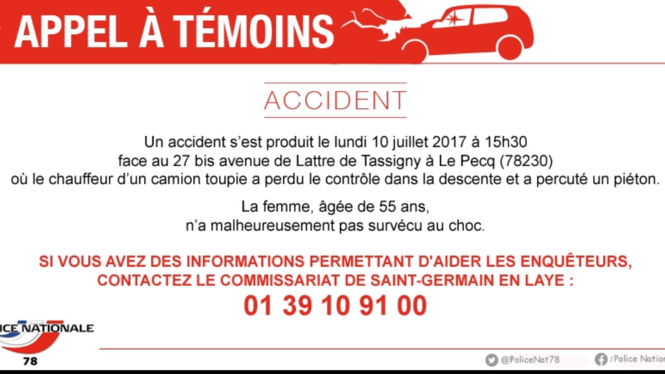 Accident mortel entre Saint-Germain-en-Laye et Le Pecq : les enquêteurs recherchent des témoins 