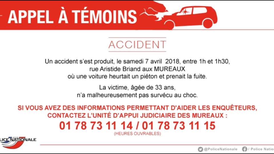 Piéton mortellement blessé aux Mureaux (Yvelines) : la police lance un appel à témoin 
