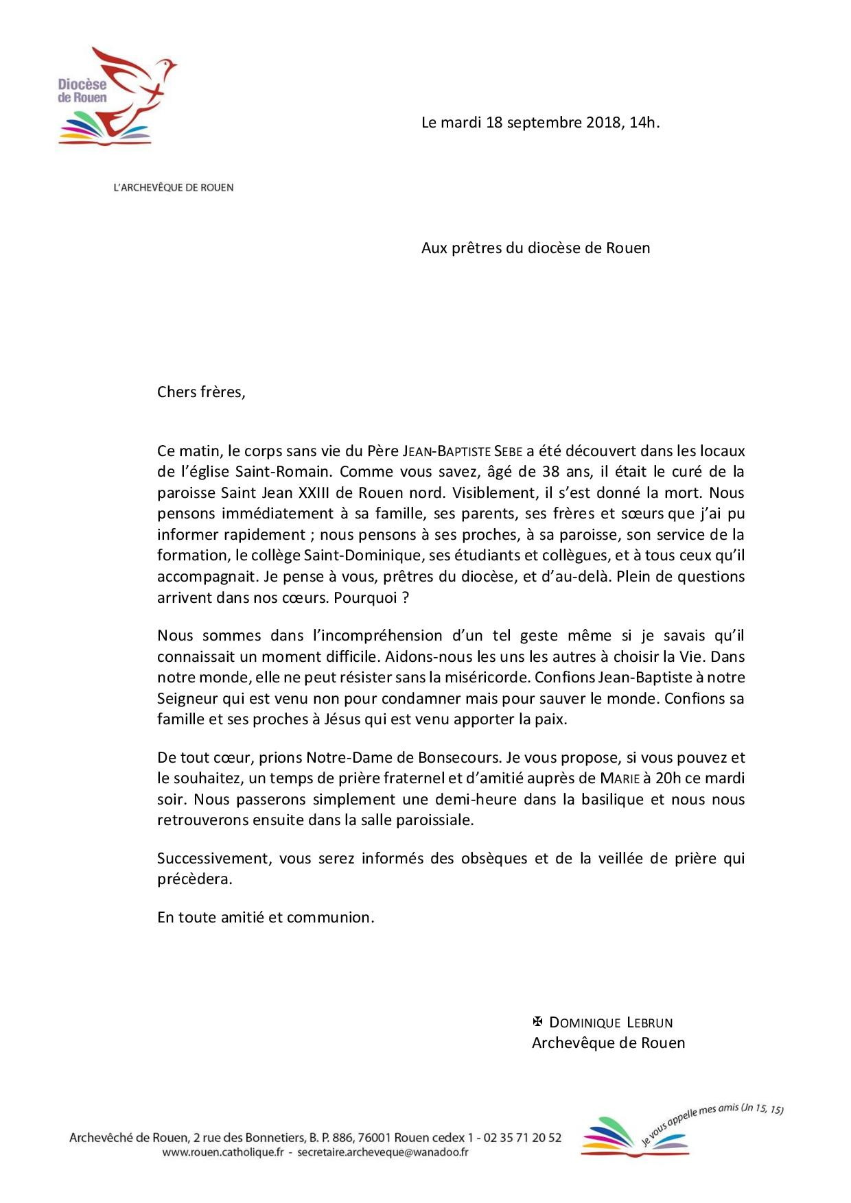 Rouen : Jean-Baptiste Sèbe, curé de la paroisse Saint-Jean XXIII, s'est donné la mort 