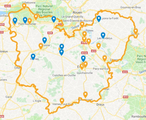 Point de situation actualisé à 10h30 : bleu : rassemblements aux abords de la voie publique - orange : circulation perturbée - Carte © Préfecture27
