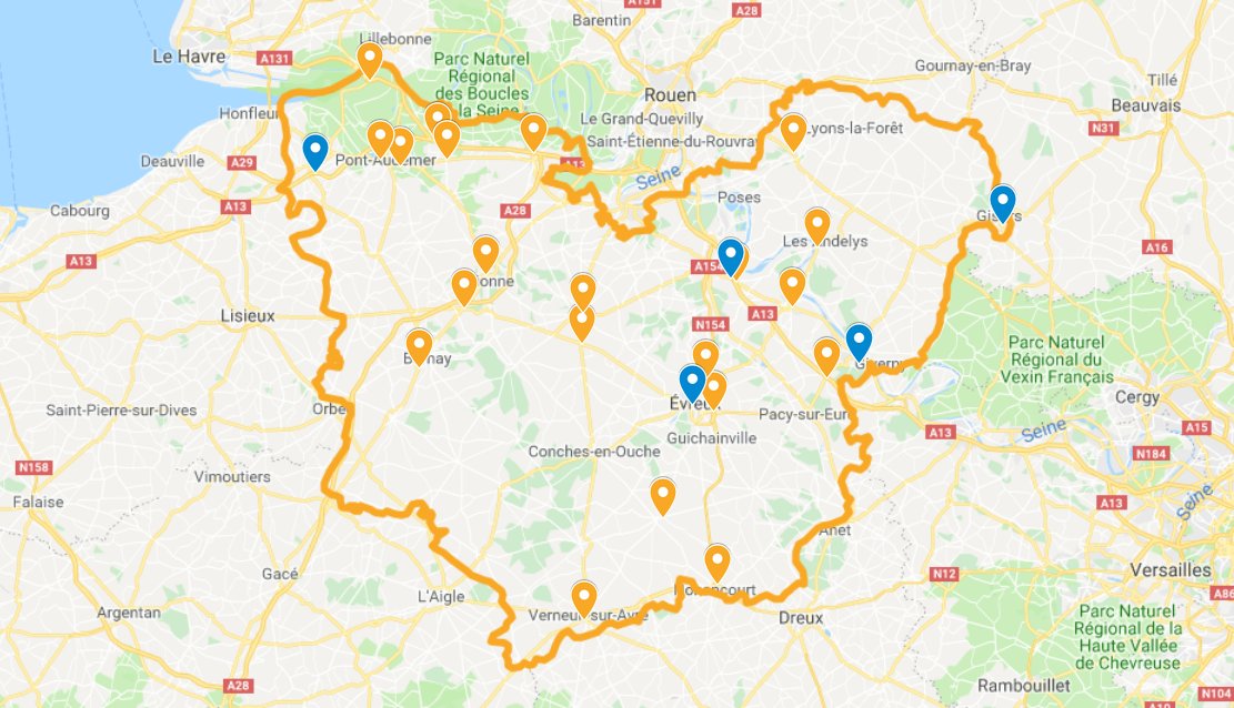 Carte publiée à 18 heures par la préfecture de l'Eure