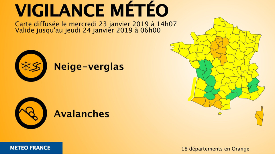 18 départements sont toujours ce mercredi soir en vigilance orange neige et verglas, dont ceux d'Île-de-France - document © Météo France