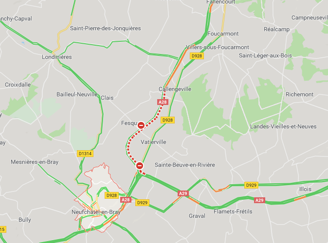 Un poids lourd couché sur l’autoroute A28 : la circulation est coupée en direction d’Abbeville 