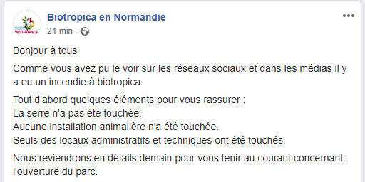 Incendie à Biotropica dans l’Eure :  25 pompiers sont à pied d’œuvre, les animaux hors de danger