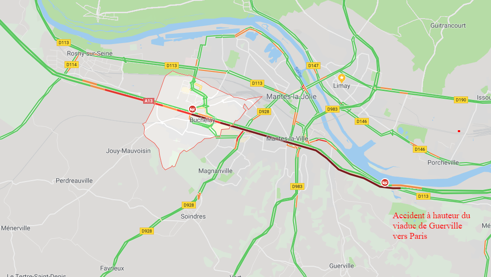 Accident sur l'A13 : trafic très perturbé entre le péage de Buchelay et le viaduc de Guerville
