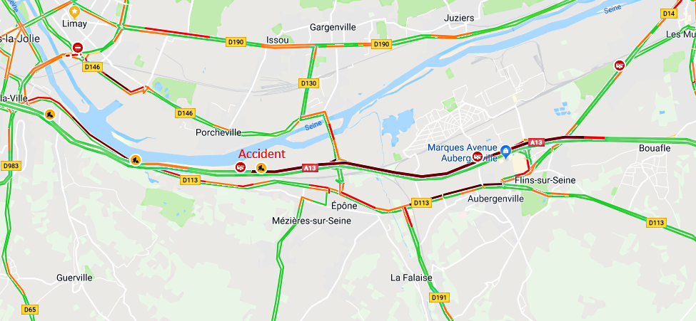 Accident entre deux camions sur l’A13 à Guerville : bouchon de 6 km vers la Normandie 