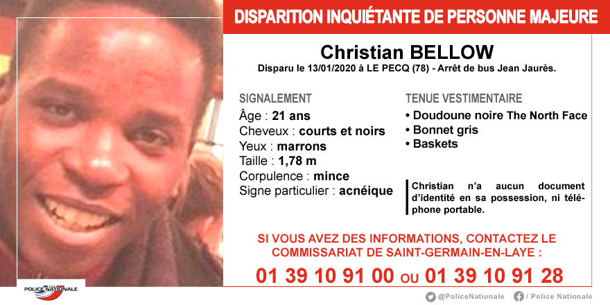 Christian, 21 ans, a disparu depuis le 13 janvier au Pecq : la police des Yvelines lance un appel à témoin 