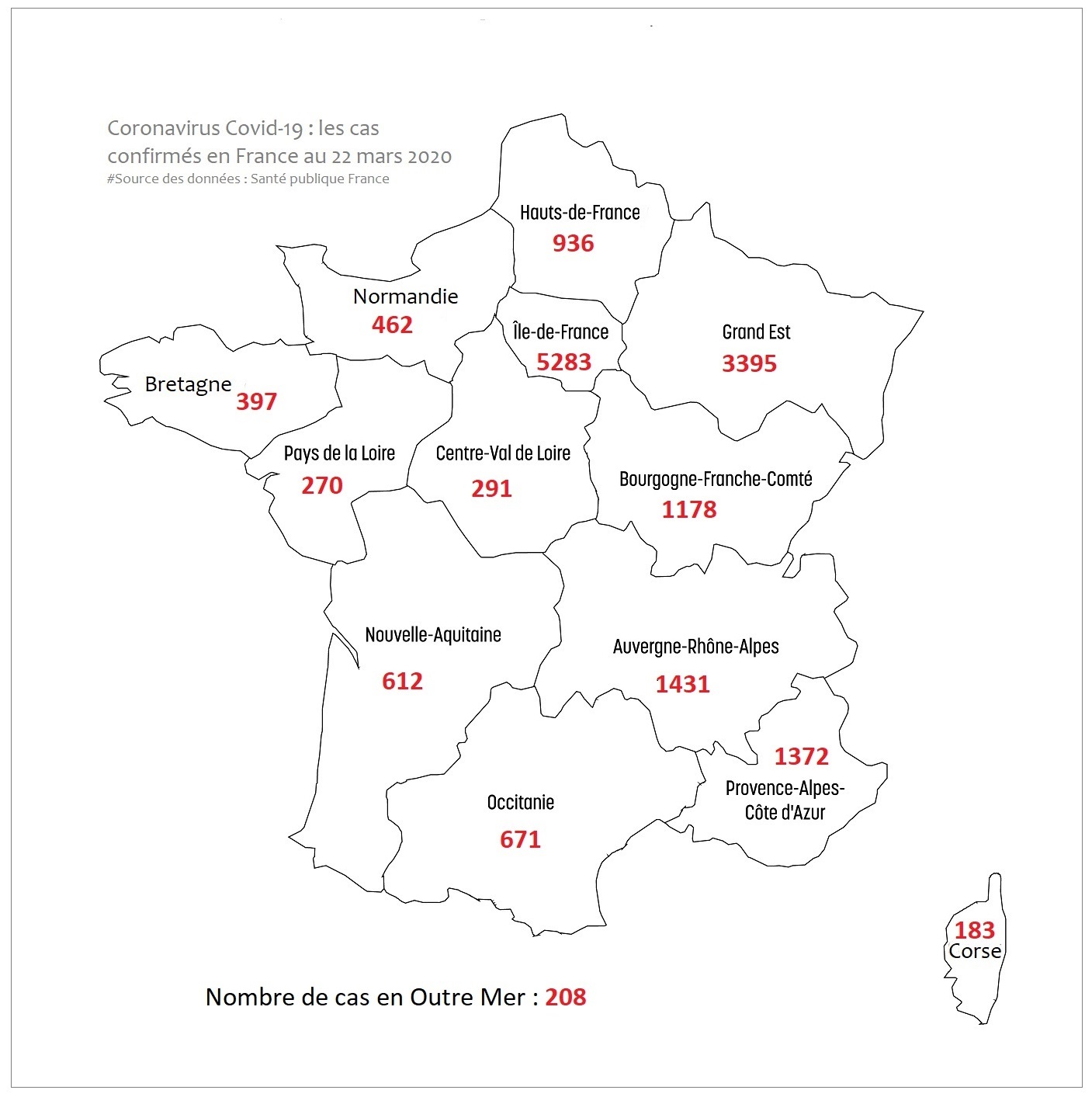 Le nombre de personnes testées positives dans les régions à ce jour, mardi 22 mars 2020  - illustration @ infoNormandie/iStock