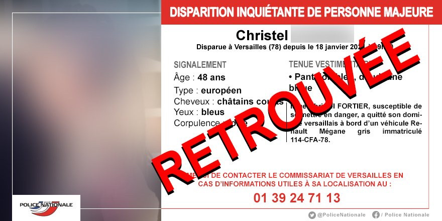Christel a été retrouvée annonce la Police sur son compte Twitter