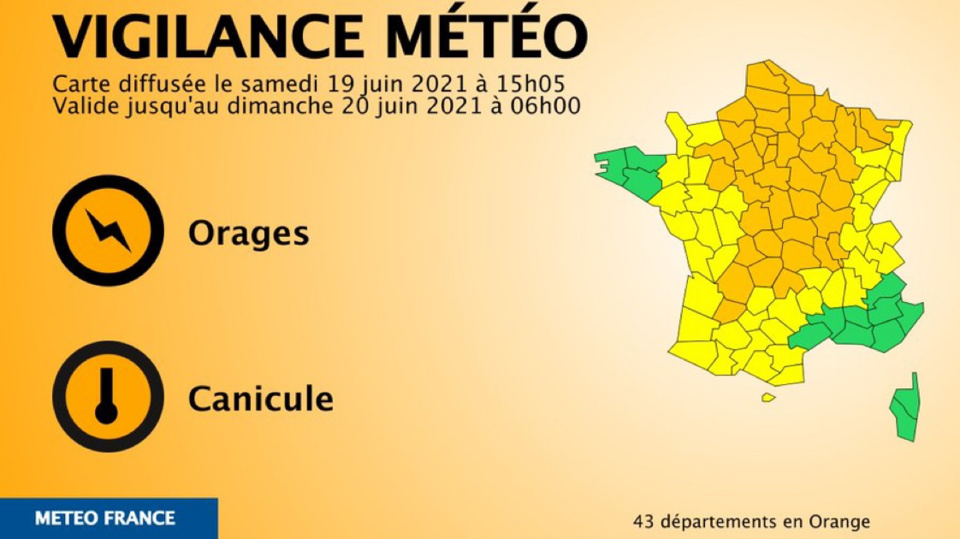 43 départements sont placés en vigilance orange « orages » dont la Seine-Maritime, l’Eure et l’Orne