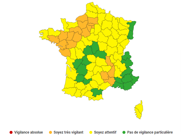 22 départements sont placés en en orange et 54 départements en jaune et l'Andorre - Document © Météo-France