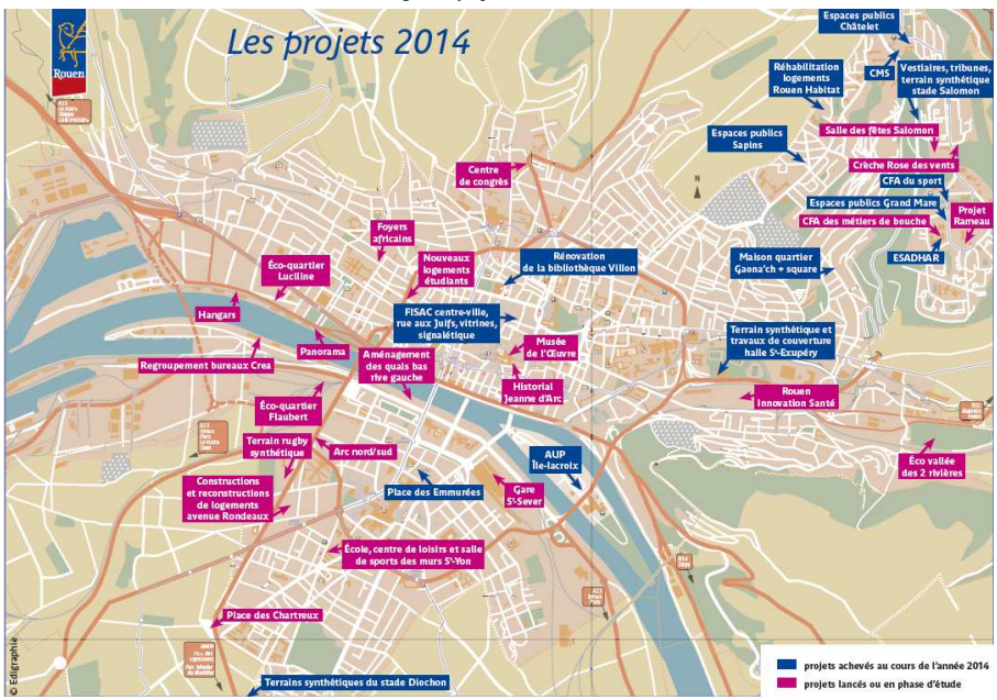 La carte des voeux et projets présentée par le maire de Rouen, Yvon Robert (cliquez sur la carte pour l'agrandir)