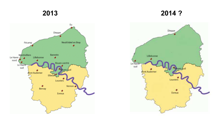 La carte des implantations de CIO en Haute-Normandie : avant et après