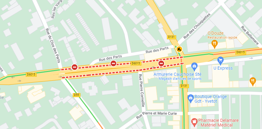 L'avenue du Général Leclerc (D6015) est fermée à la circulation dans les deux sens entre la rue Edmond-Labbé et la rue de la République (carrefour de la Vieille Auberge).