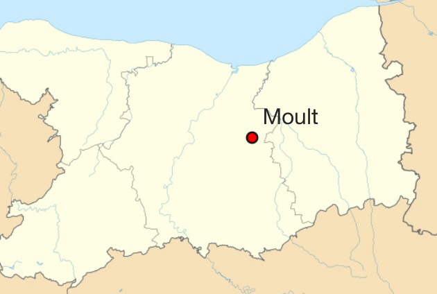 La commune de Moult est située à 18 kilomètres de Caen sur la route nationale 13 (axe de Caen-Lisieux).