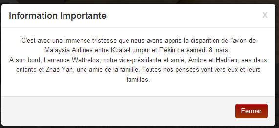 Le message que l'on peut lire sur la page d'accueil du site de l'association des parents d'élèves du lycée français à Pékin