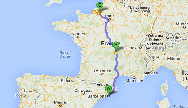 L'autocar des collégiens rouennais devenait d'un voyage à Barcelone (A). Il s'est alors qu'il s'était arrêté à Clermont-Ferrand (B) pour changer de conducteur qu'il a été caillassé. Il a pu reprendre sa route en direction de Rouen (C) dans la nuit