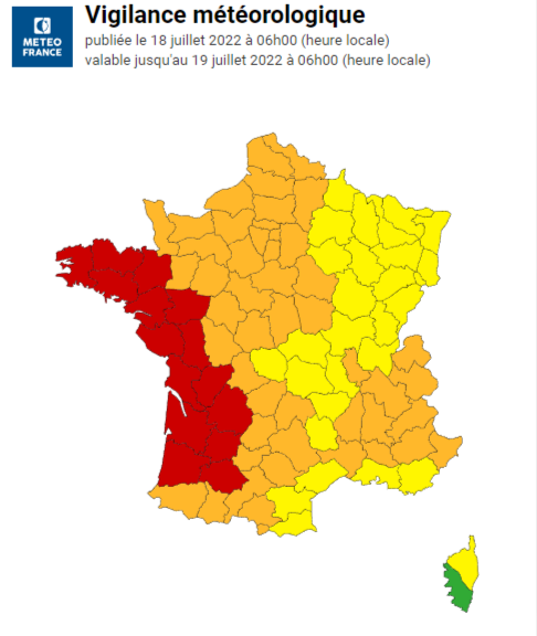 15 départements sont en rouge, 51 départements en orange et l'Andorre, 29 départements en jaune - Carte de vigilance © Météo France