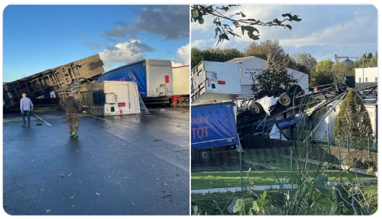 Sur ces photos publiées par Météo Express (© Franck Emma/Facebook), on voit des remorques littéralement soulevées par la force du vent