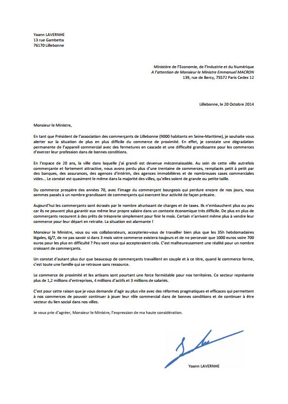Cliquez ici pour agrandir le texte de la lettre envoyée au ministre Emmanuel Macron