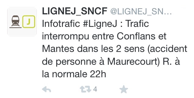 La SNCF a publié sur son compte Twitter un message pour signaler l'accident