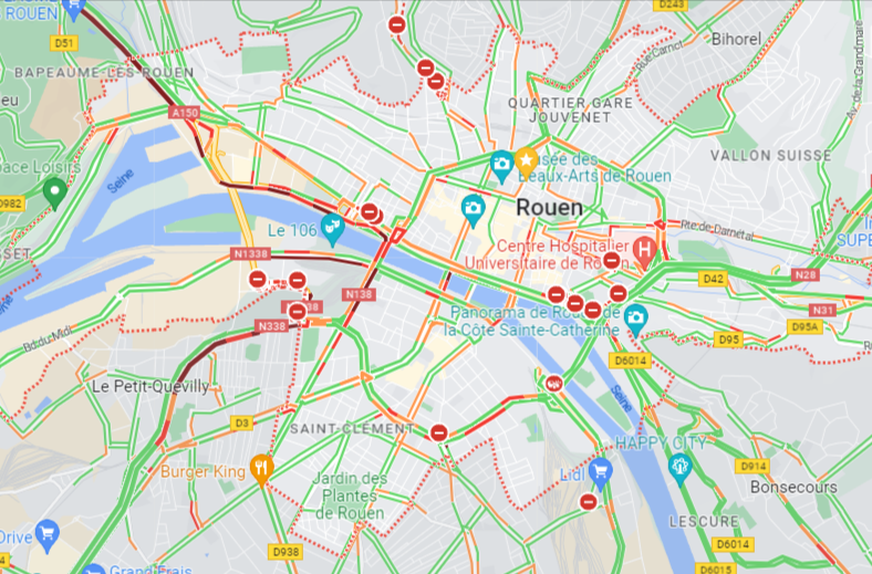 A Rouen, les principaux axes routiers sont bloqués ce vendredi matin  - Capture d'écran Google Maps