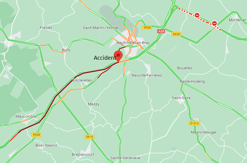 L'autoroute A28 fermée à Quièvrecourt, près de Neufchâtel-en-Bray en raison d'un accident